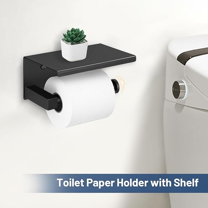 TURS 5-Pieces Matte Black Bathroom Hardware Set 23.6 Inch SUS304 Stainless Steel Towel Bar Set Wall Mounted Square Toilet Paper Holder with Shelf