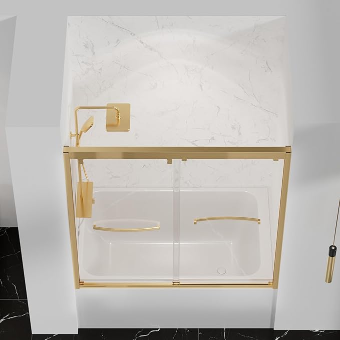 Bathtub Double Sliding Door 55-59 in,Semi-Frameless Double Sliding Tub Shower Door,Glass Shower Doors for Tub,with 5/16"(8mm) Clear Tempered Glass,Silent Soft-Close Design,Stainless Steel,Gold
