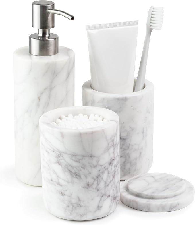 Cork & Mill Marble Bathroom Accessories Set, Complete 3 Piece Set with Soap Dispenser, Toothbrush Holder & Canister with Lid for Qtips, White Marble Bath Countertop Vanity Decor Organizer