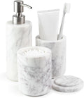 Cork & Mill Marble Bathroom Accessories Set, Complete 3 Piece Set with Soap Dispenser, Toothbrush Holder & Canister with Lid for Qtips, White Marble Bath Countertop Vanity Decor Organizer