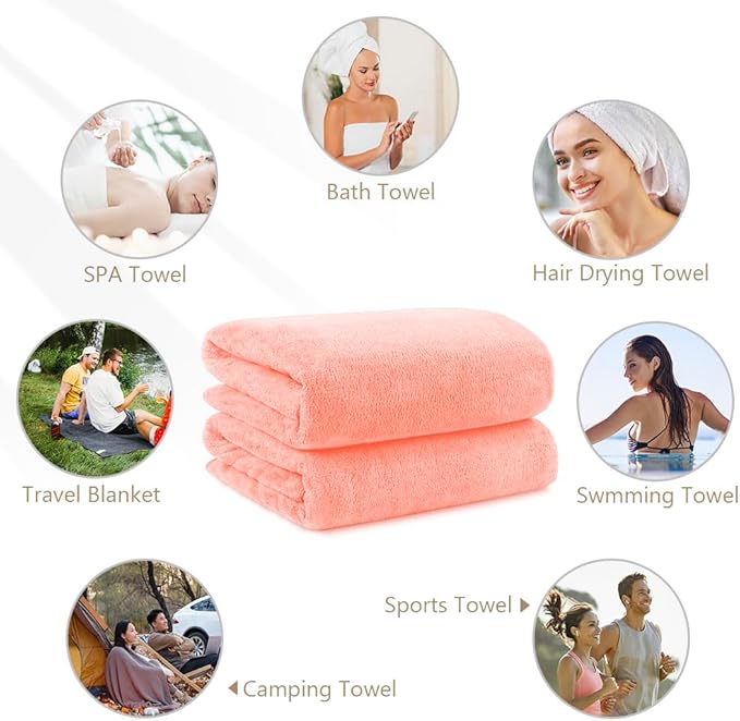 Orighty Microfiber Bath Towels Pack of 4(27'' x 54'') - Soft Feel, Highly Absorbent, Quick Drying for Body, Sport, Yoga, SPA, Fitness - Pink