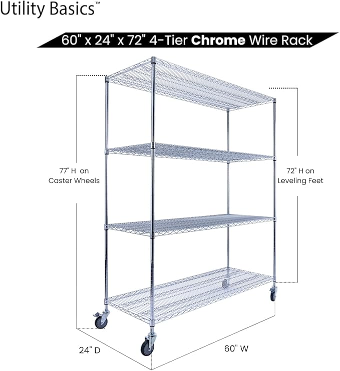 NSF Commercial 4-Tier Wire Shelving with Wheels, 60"x24"x72" Heavy Duty Metal Shelves 3200 lbs Max Capacity, Chrome Storage Rack for Garage Kitchen Pantry Warehouse