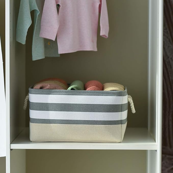 TheWarmHome Storage Basket Fabric Basket with Handles Dog Toy Basket Cloth Storage Bin Shelf Basket Decorative Storage Basket Shoe Basket Gift Basket(Grey&White Stripes-1 Pack,15.7L×11.8W×8.3H)