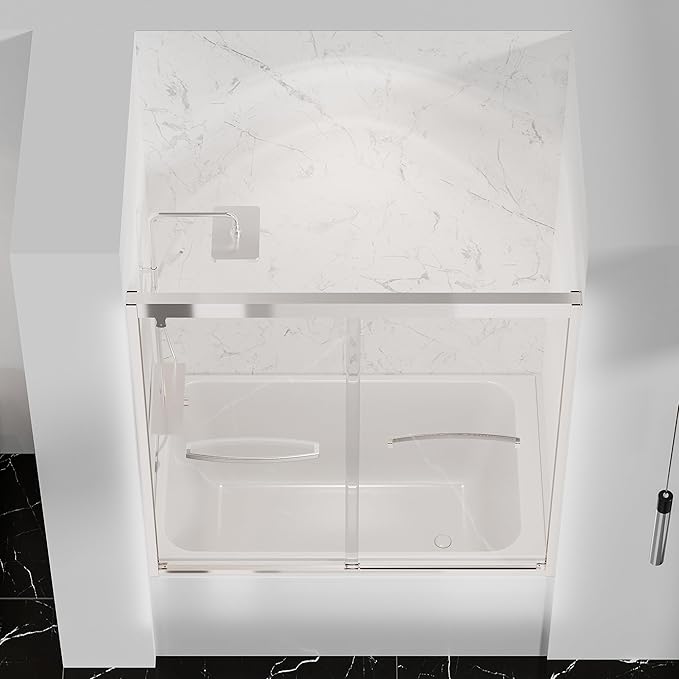 Bathtub Double Sliding Shower Door 55-59 in,Water Repellent Tub Shower Door,Shower Doors for Bathtub,with 5/16"(8mm) Clear Tempered Glass,Explosion-Proof Film,Stainless Steel Frame,Silver