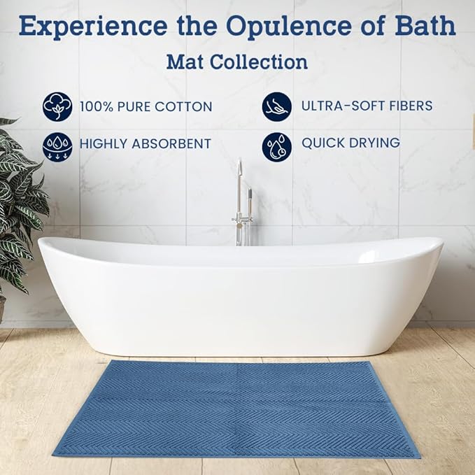 Casa Lino 100% Cotton Bath Mat Set of 2 (NOT A Rug) - 34" x 22" Bathroom Floor Towels - Machine Washable, Soft, Highly Absorbent & Quick Dry Bath Floor Towel (Navy)