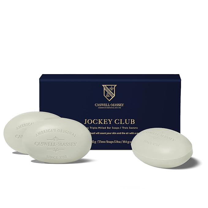 Caswell-Massey Men’s Bar Soap Gift Set – Jockey Club Scent – Triple-Milled Moisturizing Body Soap Bars for All Skin Types, Plant-Based Formula with Essential Oils, Made in USA, 3 x 5.8 oz