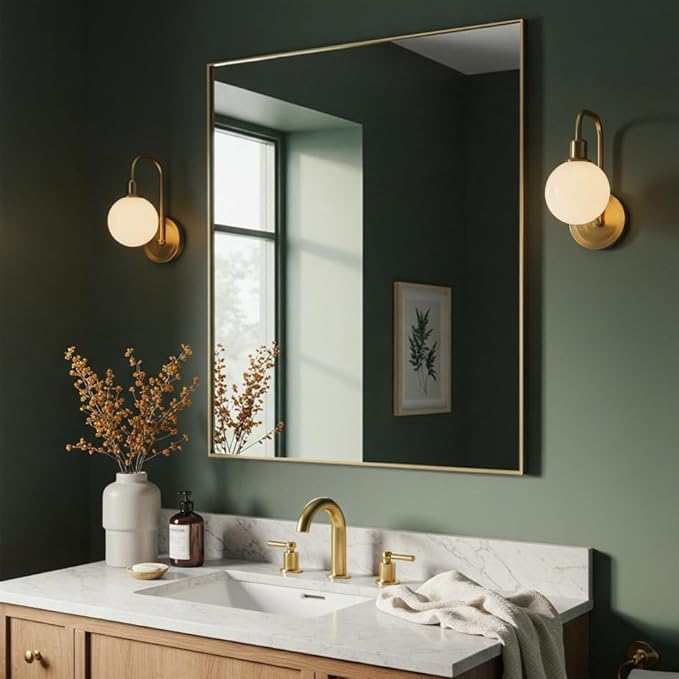 30x40 Inch Gold Bathroom Mirror - Copper-Free Mirror, Aluminum Alloy Frame Vanity Rectangle Wall Mounted Modern Mirror for Bedroom/Living Room/Porch Horizontal or Vertical