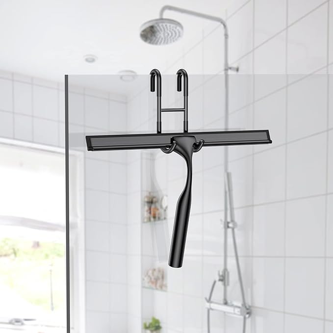 Black 14-Inches Stainless Steel Shower Squeegee Set, Include Shower Door Hook, Adhesive Hook and Spare Silicone Blade, Window Squeegee for Shower Glass Door, Bathroom, Mirror, Window and Car Glass