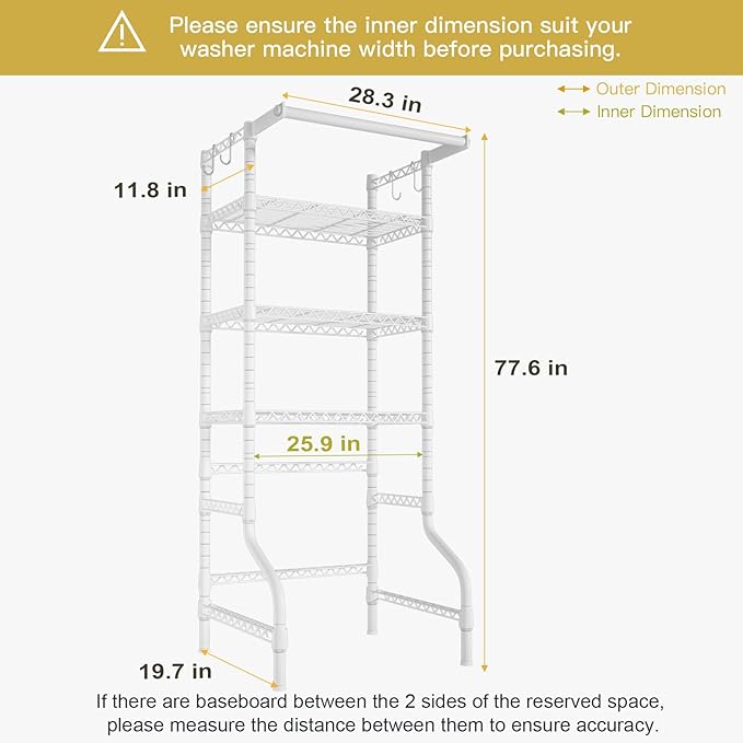 Ulif U11 Mini Over Washer and Dryer Shelves, 3 Tiers Laundry Room Storage and Organizer Standing Shelf, Metal Freestanding Clothes Drying Rack, 28.3”W x 19.7”D x 77.6”H, White