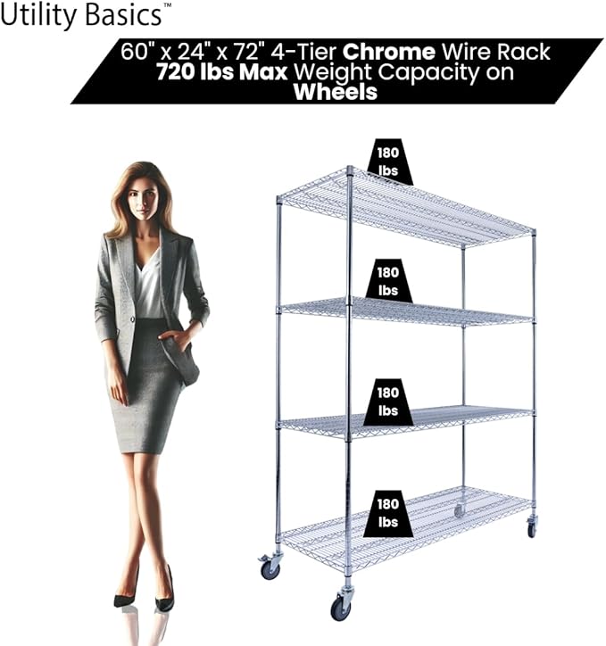 NSF Commercial 4-Tier Wire Shelving with Wheels, 60"x24"x72" Heavy Duty Metal Shelves 3200 lbs Max Capacity, Chrome Storage Rack for Garage Kitchen Pantry Warehouse
