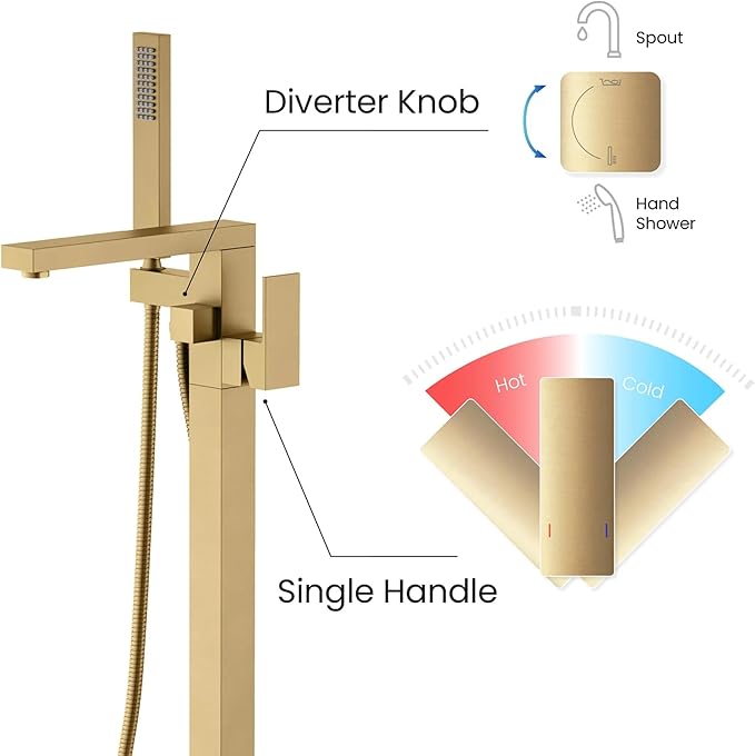 KIBI Cube Brushed Brass Freestanding Bathtub Faucet Floor‑Mounted Brass Tub Filler | Single‑Handle Bathroom Faucets with Hand Shower, Ceramic Cartridge & Stainless Steel Hose (KTF302)