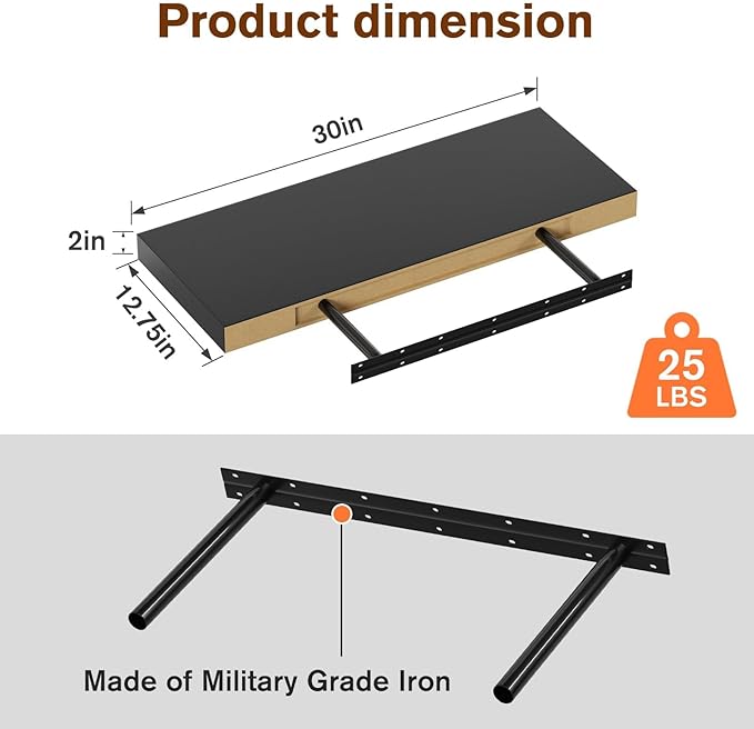 Floating Shelf, Set of 3 Wall Shelf, 30 in W x 12.75 in D x 2 in H Wooden Floating Wall Shelf with Invisible Brackets for Living Room/Bedroom/Bathroom/Kitchen Storage and Decor, Black