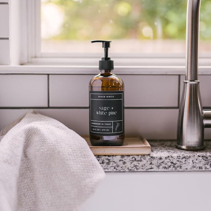 River Birch Sage + White Pine Scented Natural Hand Soap - Handmade Soap - Moisturizing Hand Wash with Amber Glass Dispenser - Luxury Scented and Hydrating - Vegan and Non-Toxic - 16 Fl Oz