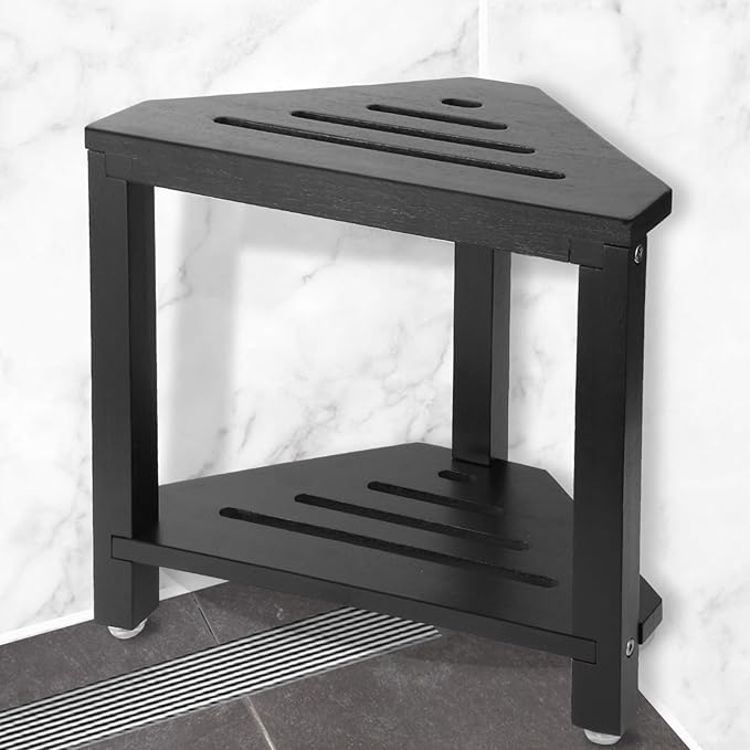 IBosins Corner Shower Stool with Storage Shelf Shower Foot Rest for Shaving Legs Small Bench for Inside Shower to Sit on Bath Seat - Acacia Wood, Black
