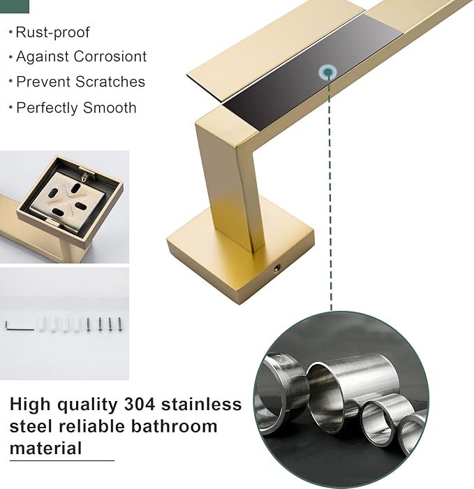 Brushed Gold Bathroom Towel Bar Sets Premium Stainless Steel 4-Piece Bathroom Hardware Set Wall Mounted Square Bathroom Accessories Kit
