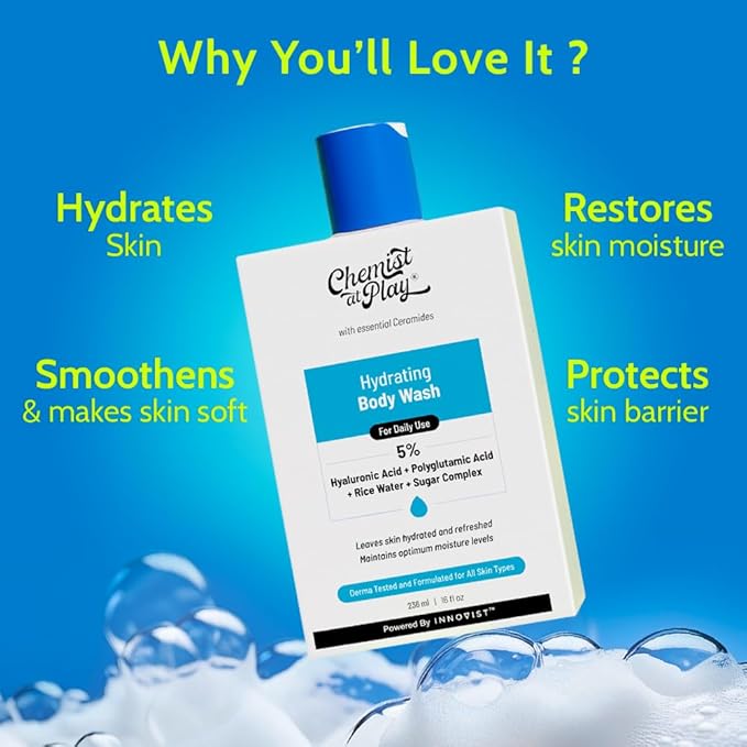 Chemist at Play Hydrating Body Wash |With 5% Hyaluronic Acid Bodywash for Intense Hydration | Reduces Flakes & Itchiness |For Dry Skin |Polyglutamic Acid & Hyaluronic Acid |For Women & Men | 7.9 Fl oz