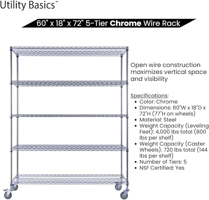 NSF Commercial 5-Tier Wire Shelving with Wheels, 60"x18"x72" Heavy Duty Metal Shelves 4000 lbs Max Capacity, Chrome Storage Rack for Garage Kitchen Pantry Warehouse
