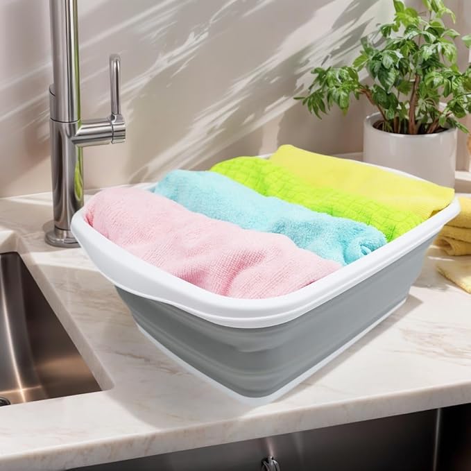 SAMMART 10L (2.6 Gallons) Collapsible Tub - Foldable Dish Tub - Portable Washing Basin - Space Saving Plastic Washtub (White/Grey, 1)
