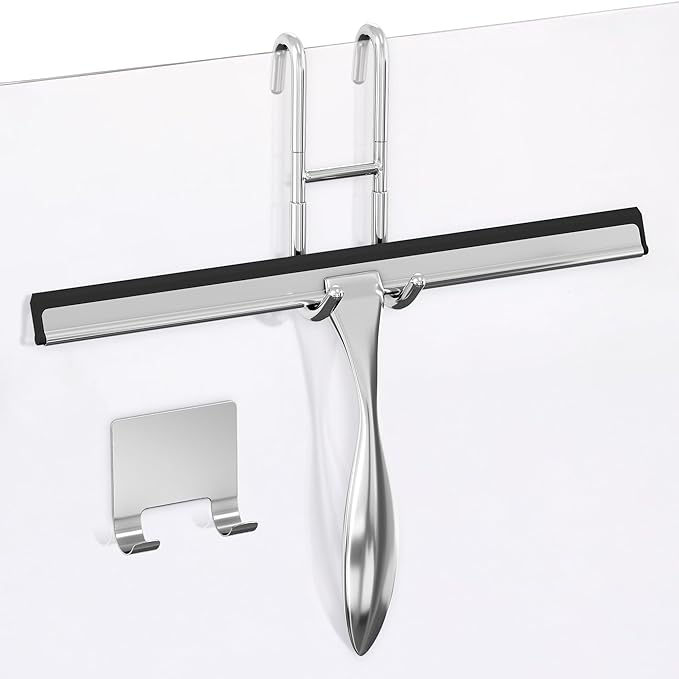 12 Inch Silver All-Purpose Stainless Steel Shower Squeegee for Shower Glass Door with 2 Hooks (Adhesive & Regular), Bathroom Cleaner Tool, Window & Mirror Squeegee for Tile Walls, Car Glass Surfaces