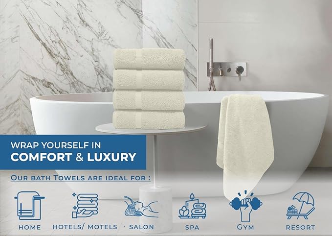 DAN RIVER Bath Towels Set of 4, 27 x 54 Inches, 100% Cotton, Larger & Lighter Weight, Quicker to Dry, Super Soft and Absorbent, Ideal Quick Dry Bath Towels for Daily Use, Ivory
