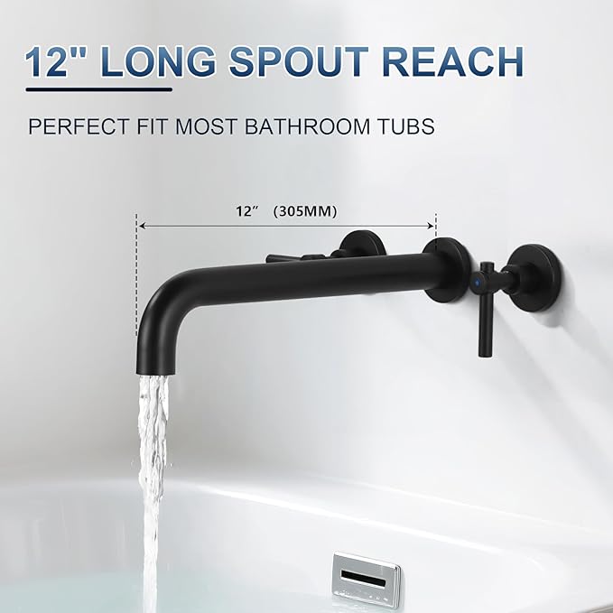 Wall Mount Tub Filler Tub Faucet High Flow Bathtub Faucets Two Handles Solid Brass, 12" Long Spout Reach, Matte Black