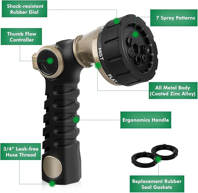 RESTMO Heavy Duty Hose Nozzle, Metal Garden Water Hose Sprayer with 7 Watering Patterns, Thumb Control, On Off Valve, High Pressure Nozzle Sprayer for Watering Plants, Car and Pet Washing, Bronze