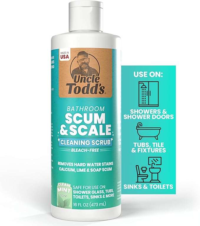 Uncle Todd's Scum & Scale Bathroom Cleaner Hard Water Stain & Soap Scum Remover – Bleach-Free, Heavy Duty Calcium Lime Rust Cleaner for Shower, Glass, Toilet, Tub & Sink – 16oz