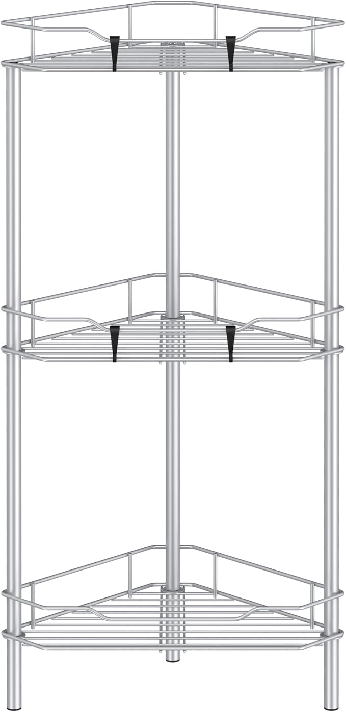 3 Tier Floor Standing Corner Shower Caddy Organizer Shelf with Hooks, Bathroom Shelves Stand Rack, Silver