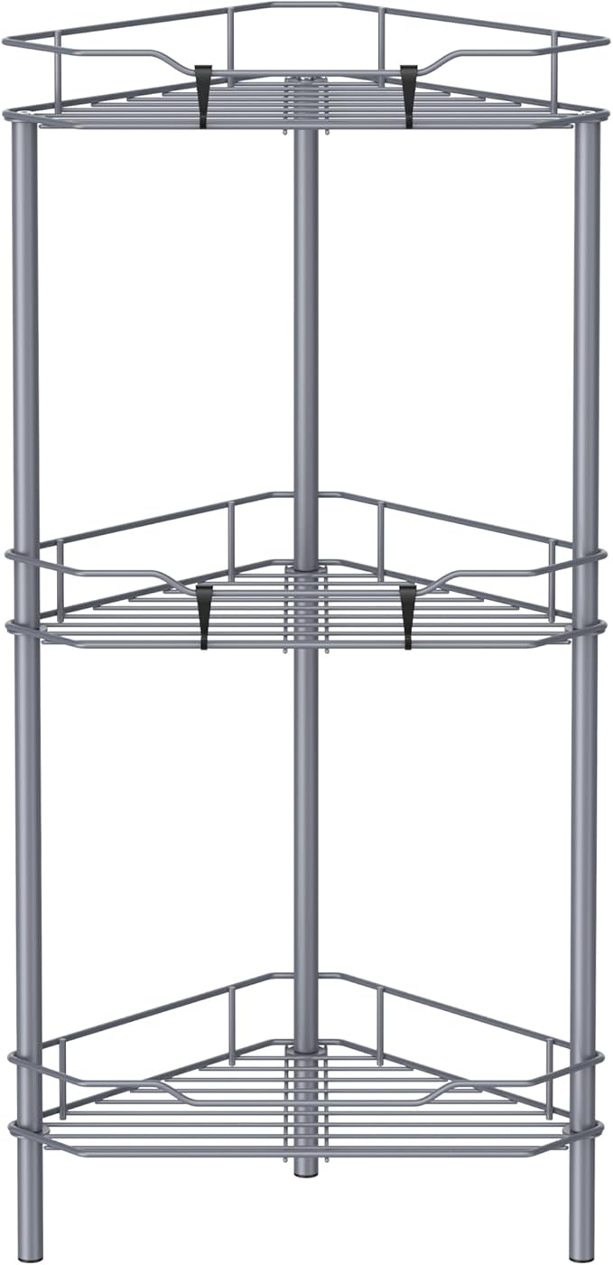 3 Tier Floor Standing Corner Shower Caddy Organizer Shelf with Hooks, Bathroom Shelves Stand Rack, Dark Gray