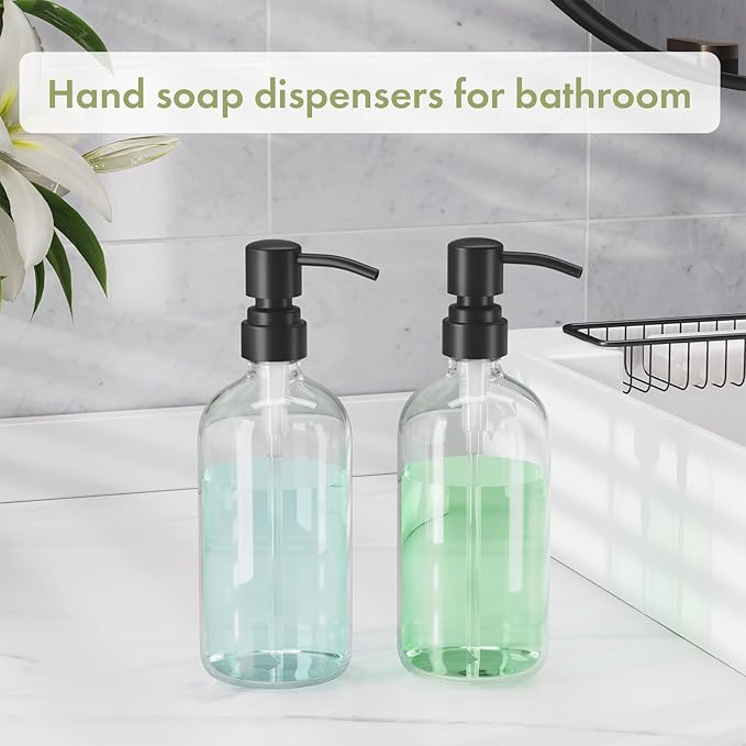 AmazerBath Soap Dispenser, 2 Pack Glass Soap Dispenser with Stainless Steel Pump, 17 Oz Bathroom Hand Soap Dispensers Bottle for Bathroom & Kitchen, Clear & Black