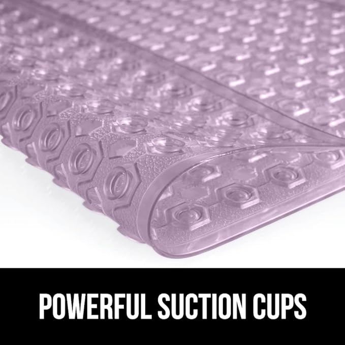 GORILLA GRIP Patented Bath Tub Shower Mat, Machine Washable Bathtub Floor Liner Mats, Suction Cups and Drain Holes to Keep Tubs Clean, Soft on Feet, Bathroom Essentials, 35x16 Inch, Clear Purple