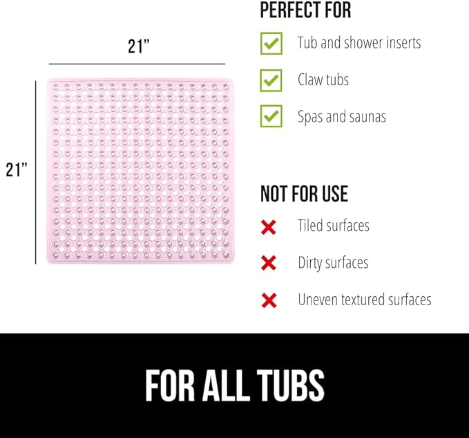 GORILLA GRIP Patented Square Shower Stall Mat, Small Bathtub Floor Mats for Stand Up Showers, Suction Cups and Drainage Holes, Machine Wash, Soft on Feet, Bathroom Accessories 21x21 Inch, Light Pink