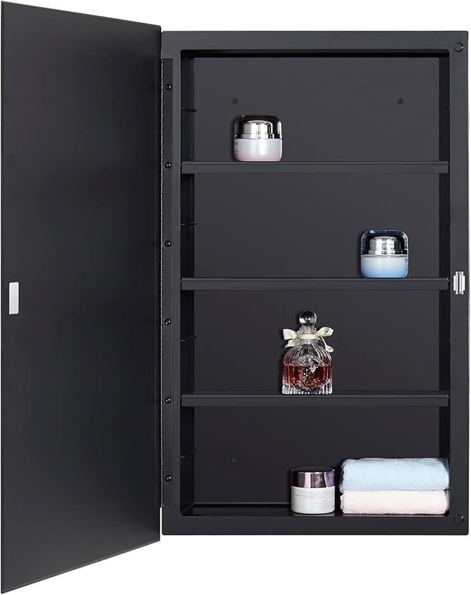 DYLLOR Black Plastic Medicine Mirror Cabinet for Bathroom with 16 x 26 inch Beveled Edge Mirror, Recessed and Surface Mount