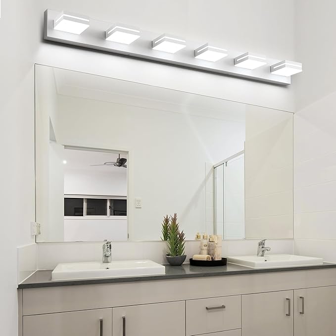 SineRise LED Modern Bathroom Vanity Light Fixtures (6-Light, 48-Inch), Matte White Modern Acrylic Bathroom Wall Lighting Fixtures Over Mirror (Cool White 6000K)