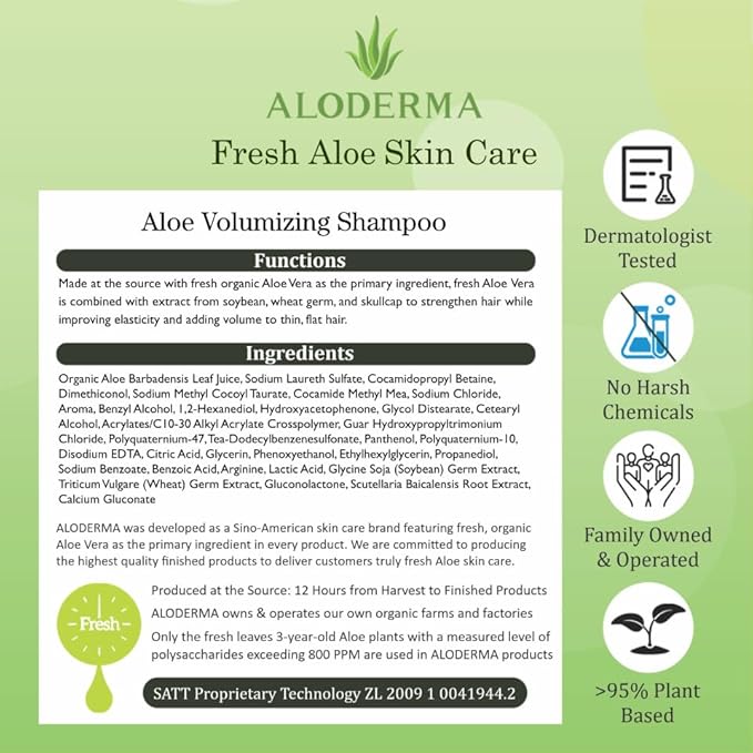 Aloderma Aloe Volumizing Shampoo for Fine, Brittle, & Thinning Hair - Featuring Freshly Harvested Organic Aloe Vera Infused with Arginine & Panthenol - Alcohol, Parabens, Mineral Oil Free - 16oz