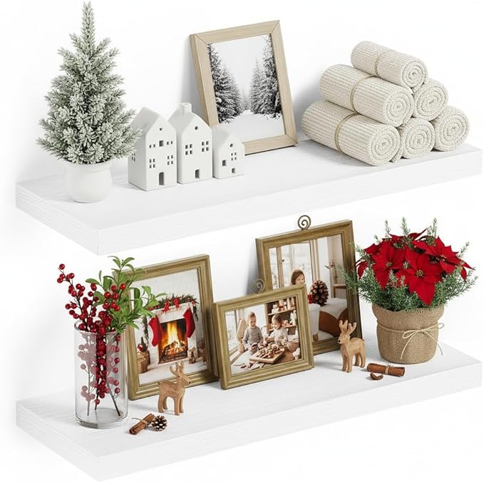 Vivelove Floating Shelves for Wall 24 inchs Long, 9.1” deep x 1.6” Wall Shelf for Bedroom, Bathroom, Living Room, Kitchen, Office Home Decor, Deep Wood Shelves with Invisible Brackets, Set of 2 White