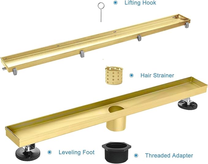 Linear Shower Drain, 40 inch Gold Drain with Tile Insert 2-in-1 Panel, Brushed 304 Stainless Steel Gold Shower Floor Drain, Linear Drain with Hair Strainer and Adjustable Feet