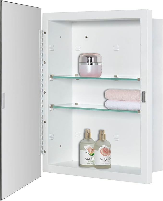 Bathroom Medicine Cabinet with Beveled Edge Mirrored Door 14 x 18 inch, Recessed or Surface Mount, with Adjustable Glass Shelves
