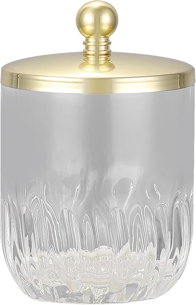 Clear Transparent Apothecary Vertical Wavy Glass Jar With Gold Metal Lid Cover for Bathroom Organization, Cotton Balls, Q Tips, and Small Accessories, Bathroom Storage