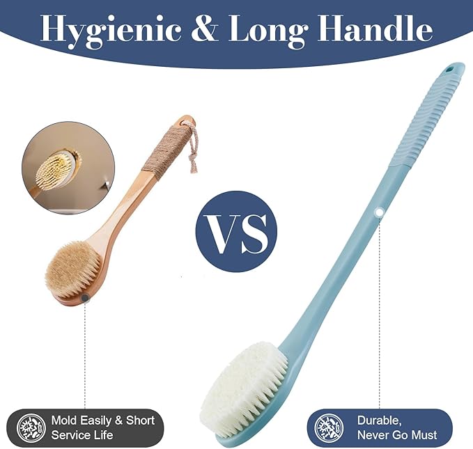 Back Scrubber for Shower, Shower Body Brush for Cleaning with Long Handle for Showering, 17 Inch Back Washer Exfoliator for Shower Men Women with Non-Slip Handle, Adhesive Hook (Blue)