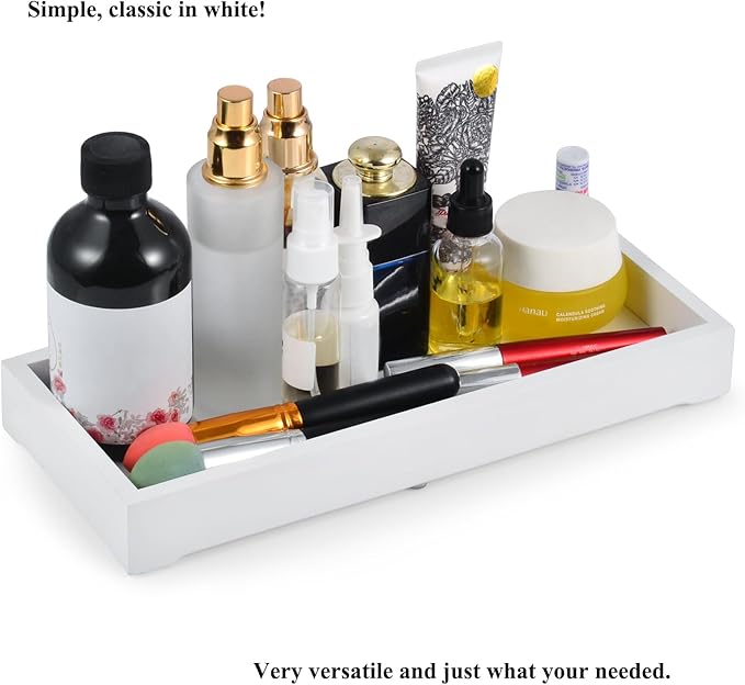Natural Wooden Vanity Tray, Bathroom Decor Box, Wooden Bathroom Organizer for Toilet Tank and Counter Top, Slip- Resistant Cute Bathroom Decor ﻿ (White, 4.8"" W11.5 Lx1.2 H)