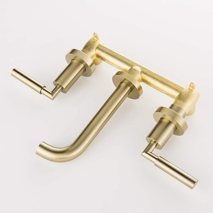 RBROHANT Brushed Gold Wall Mount Bathroom Faucet, Wall Mounted Sink Faucet, Dual Handle, Solid Brass, Rough-in Valve Included