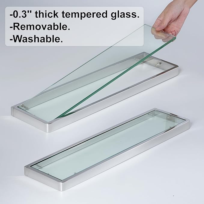20IN Bathroom Shelves/Shelf Glass Wall Mount Floating Shelves for Bathroom Tempered Glass Rectangular 1 Tier Organizer Wall Shelf (Chrome Polished, 20'')