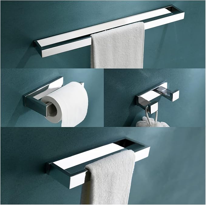 TNOMS 4-Pieces Bathroom Hardware Set, Polished Chrome Towel Bar Set, Wall Mounted Stainless Steel Bathroom Hardware Accessories Set, 23.6 inch