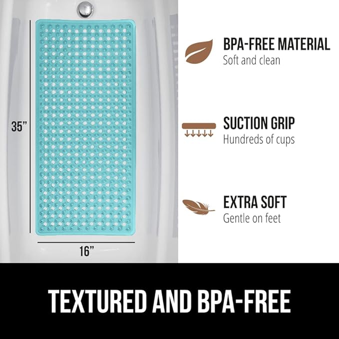 GORILLA GRIP Patented Bath Tub Shower Mat, Machine Washable Bathtub Floor Liner Mats, Suction Cups and Drain Holes to Keep Tubs Clean, Soft on Feet, Bathroom Essentials, 35x16 Inch, Clear Turquoise