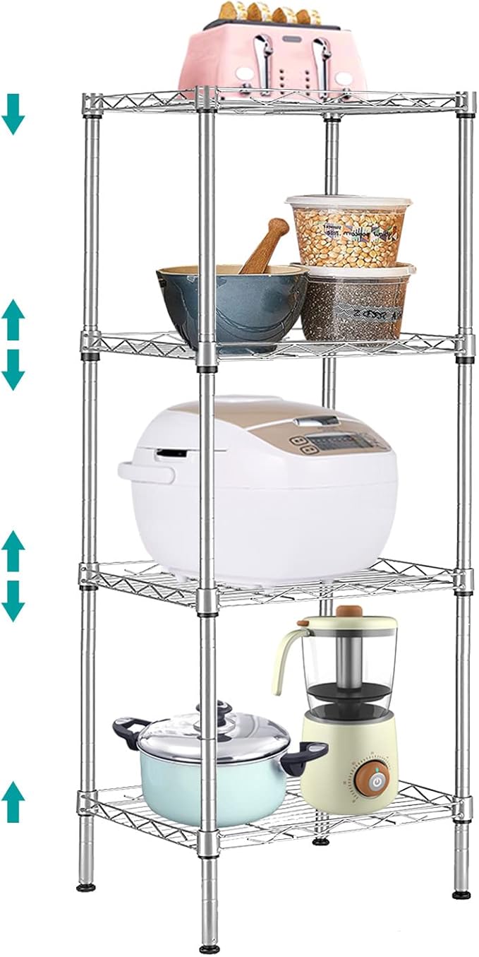 4 Tier Wire Shelving Unit, Height Adjustable Wire Shelves with 264 LBS Capacity, Metal Storage Rack Organizer for Laundry, Kitchen, Bathroom, Pantry, Closet (9.8"D x 13.7"W x 31.5"H, Silver)