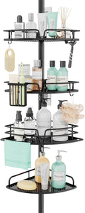 SWTYMIKI Shower Caddy Tension Pole - 4-Tier Corner Shower Organizer Tension Rod, Toothbrush Holder & 4 Hooks, Adjustable Stainless Steel Bathroom Organizer 27.6 to 108.3 inch, Black with Towel Bar