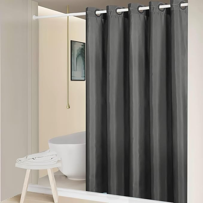 Furlinic No Hook Extra Long Shower Curtain 96 Length,Polyester Fabric Bathroom Curtain with 10 Split Plastic Built-in Hooks,Waterproof & Machine Washable,Dark Grey,78 x 96 Inch