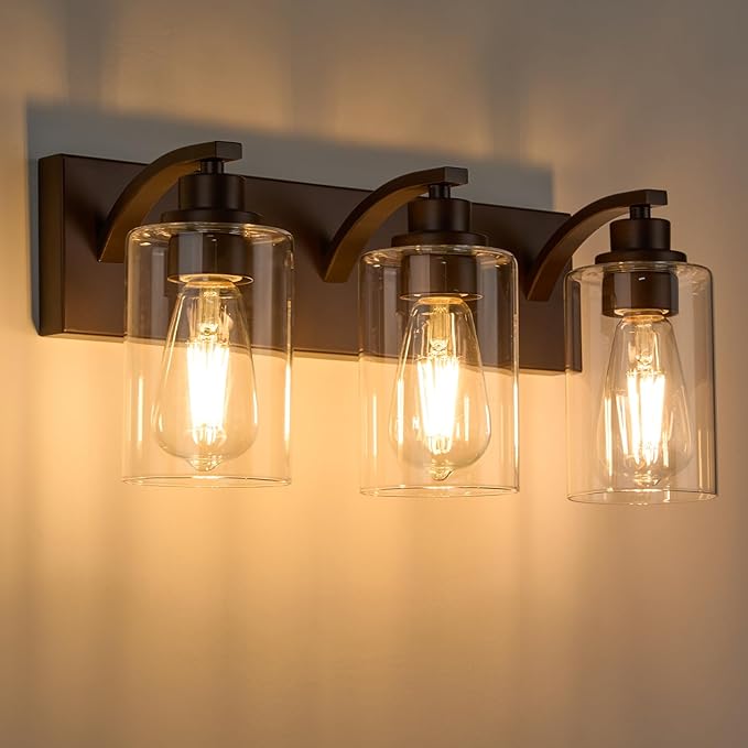 3-Light Bathroom Light Fixtures Modern ORB Vanity Lights for Bathroom Lighting Fixtures Over Mirror with Clear Glass Shade for Cabinet Mirror Bedroom Hallway