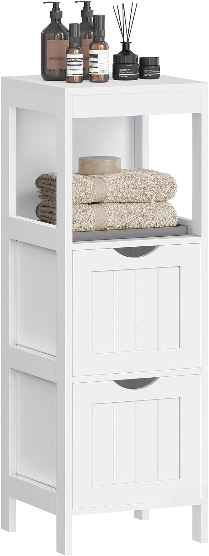 VASAGLE Storage Cabinet, Storage Organizer Rack Stand for Bathroom, Living Room, Bedroom, Multifunctional Corner Unit, 2 Drawers, 35 Inches in Height, White UBBC42WT